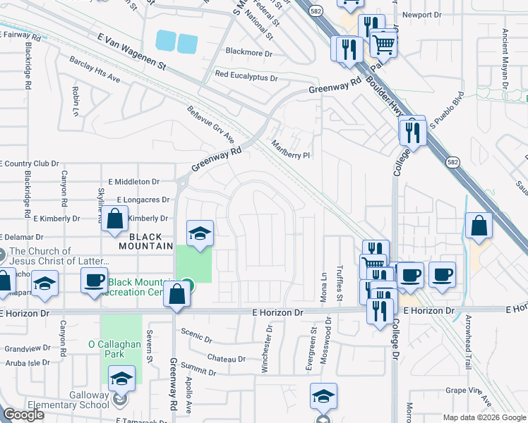 map of restaurants, bars, coffee shops, grocery stores, and more near Union Pacific Railroad Trail in Henderson