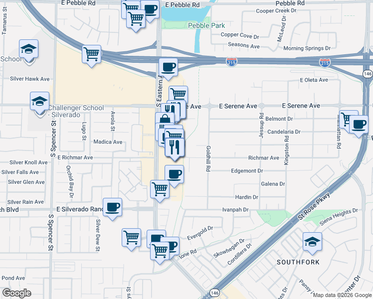 map of restaurants, bars, coffee shops, grocery stores, and more near 3020 Delano Drive in Henderson