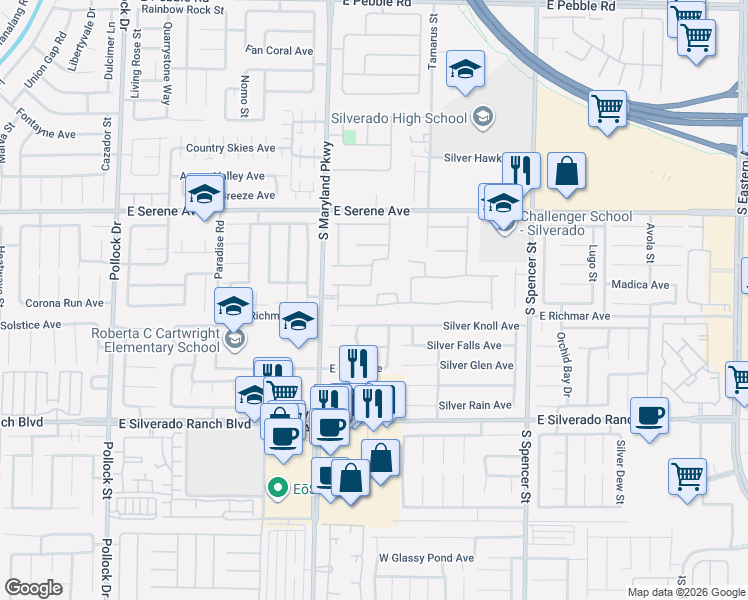 map of restaurants, bars, coffee shops, grocery stores, and more near 1372 Peninsula Point Avenue in Las Vegas