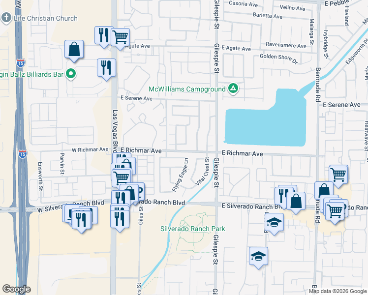 map of restaurants, bars, coffee shops, grocery stores, and more near 114 Arbor Creek Court in Las Vegas