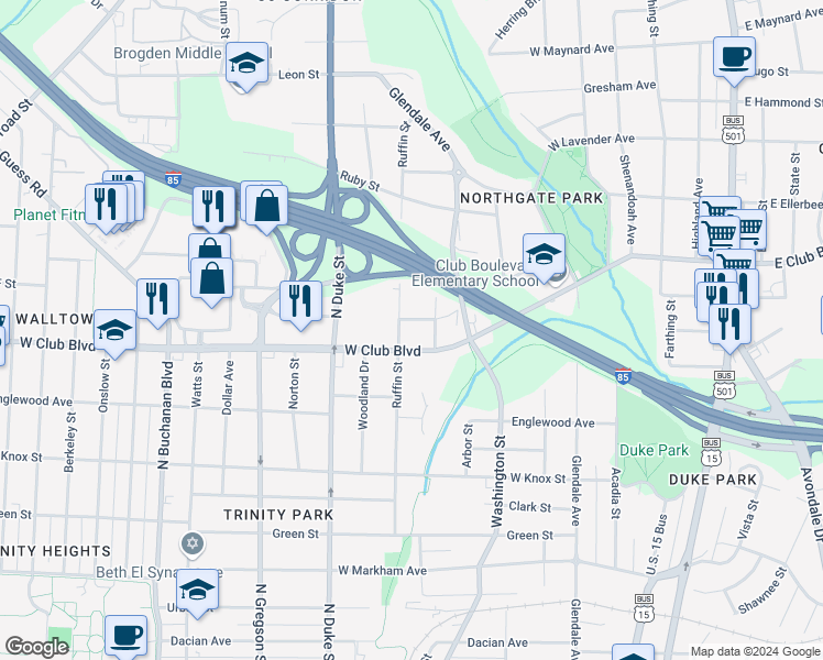 map of restaurants, bars, coffee shops, grocery stores, and more near 1701 Ruffin Street in Durham