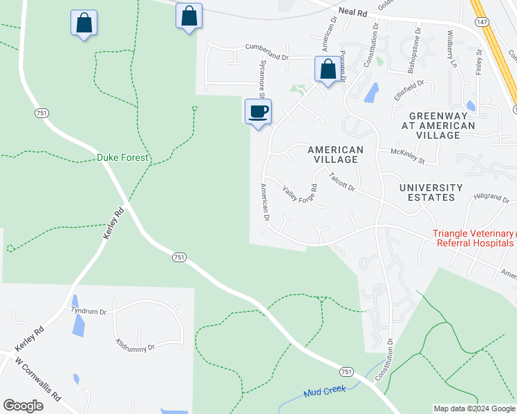 map of restaurants, bars, coffee shops, grocery stores, and more near 4431 American Drive in Durham
