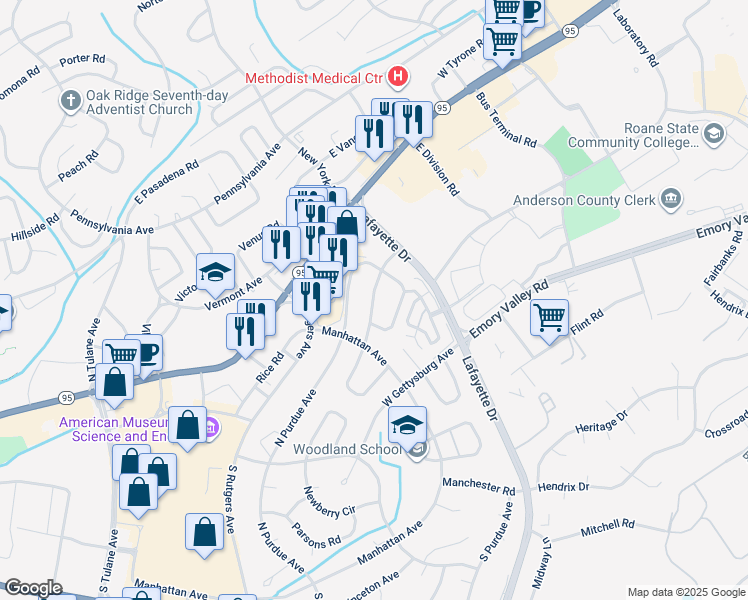 map of restaurants, bars, coffee shops, grocery stores, and more near 125 Marquette Road in Oak Ridge