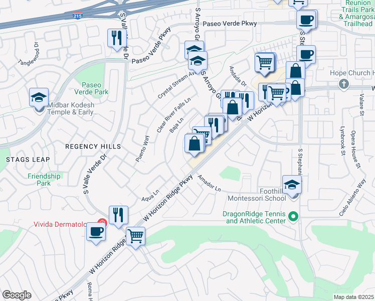 map of restaurants, bars, coffee shops, grocery stores, and more near 1731 Waltrip Court in Henderson