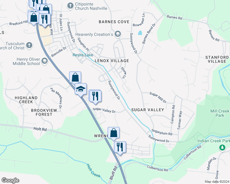 map of restaurants, bars, coffee shops, grocery stores, and more near 6940 Sunnywood Drive in Nashville
