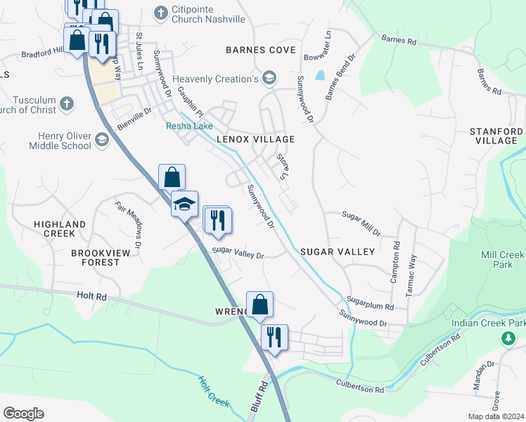 map of restaurants, bars, coffee shops, grocery stores, and more near Sunnywood Drive in Nashville