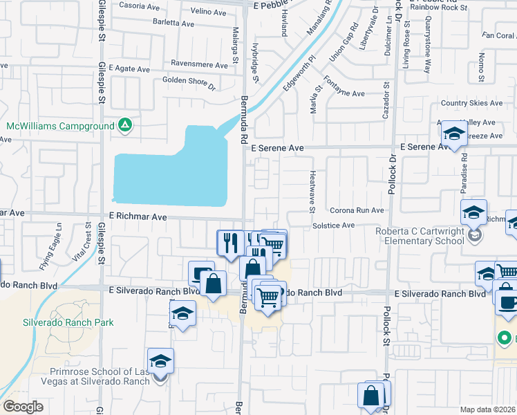map of restaurants, bars, coffee shops, grocery stores, and more near 9490 Bermuda Road in Las Vegas
