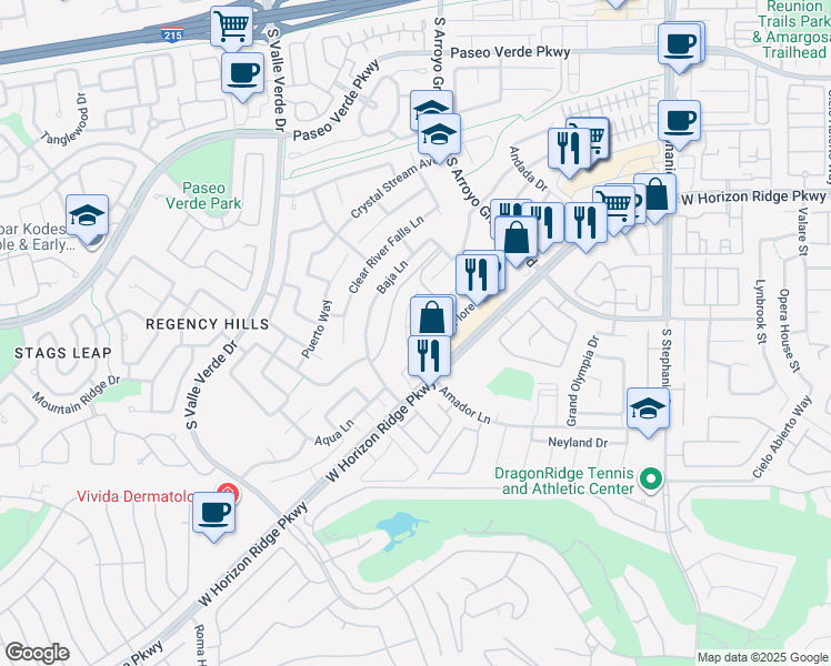 map of restaurants, bars, coffee shops, grocery stores, and more near 1731 Waltrip Court in Henderson