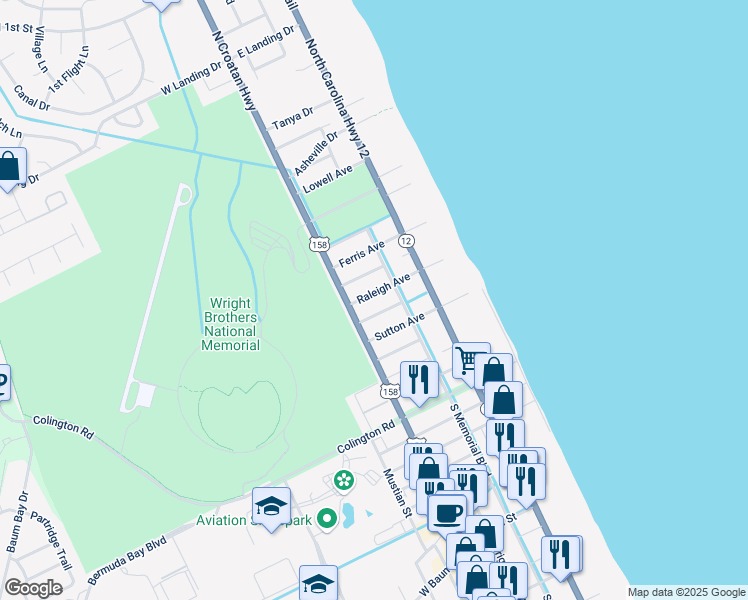 map of restaurants, bars, coffee shops, grocery stores, and more near 114-116 Raleigh Avenue in Kill Devil Hills