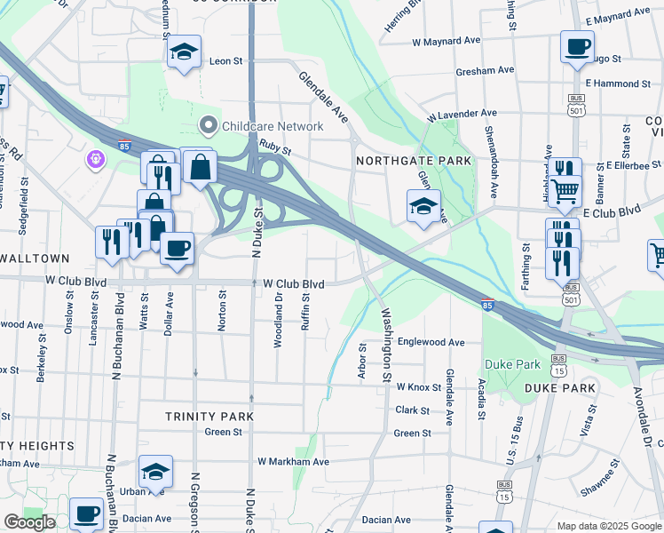 map of restaurants, bars, coffee shops, grocery stores, and more near 641 Linfield Drive in Durham