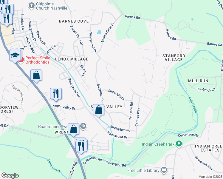 map of restaurants, bars, coffee shops, grocery stores, and more near 656 Sugar Mill Drive in Nashville