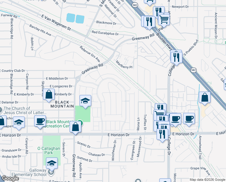 map of restaurants, bars, coffee shops, grocery stores, and more near Union Pacific Railroad Trail in Henderson