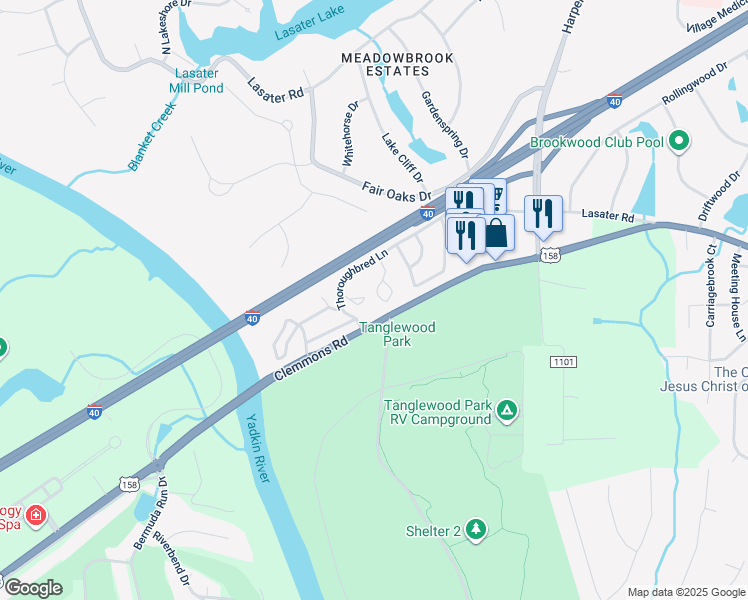 map of restaurants, bars, coffee shops, grocery stores, and more near 4020 Whirlaway Court in Clemmons