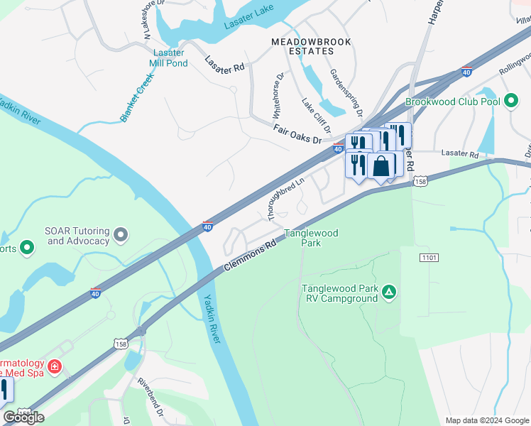 map of restaurants, bars, coffee shops, grocery stores, and more near 104 River Oaks Court in Clemmons