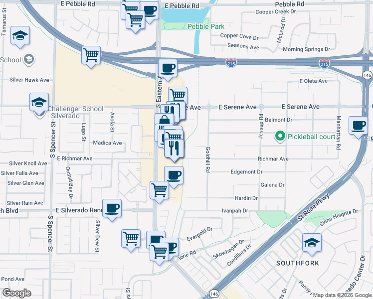 map of restaurants, bars, coffee shops, grocery stores, and more near 3020 Delano Drive in Henderson