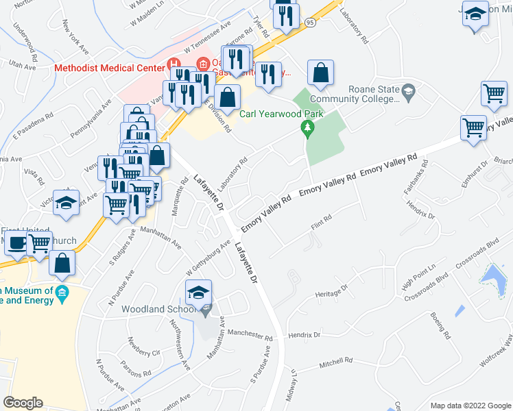map of restaurants, bars, coffee shops, grocery stores, and more near 790 Emory Valley Road in Oak Ridge
