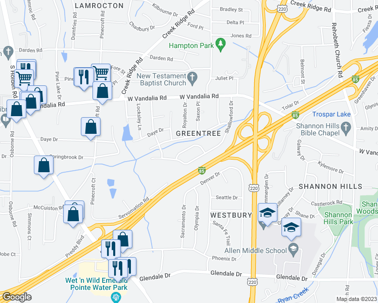 map of restaurants, bars, coffee shops, grocery stores, and more near 3209 Delmonte Drive in Greensboro