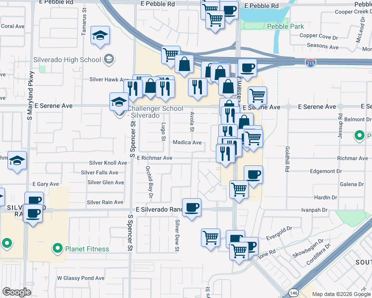 map of restaurants, bars, coffee shops, grocery stores, and more near 2073 Madica Avenue in Las Vegas