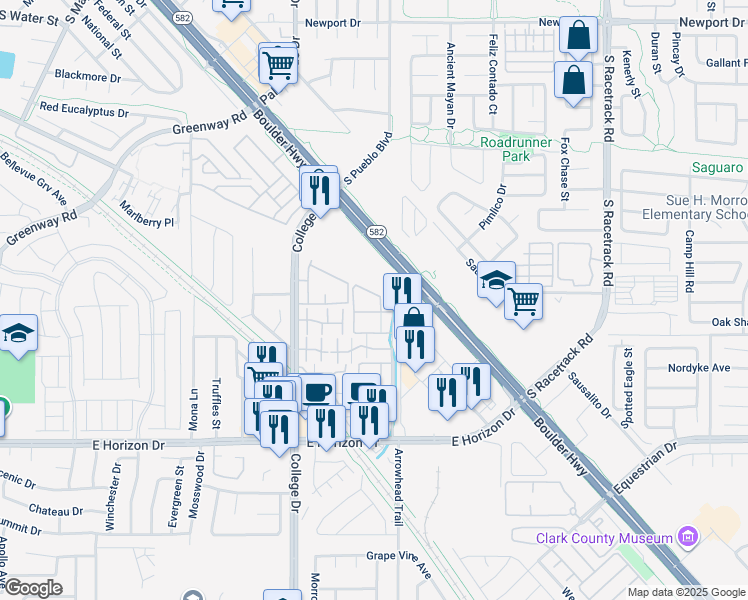 map of restaurants, bars, coffee shops, grocery stores, and more near 520 Arrowhead Trail in Henderson