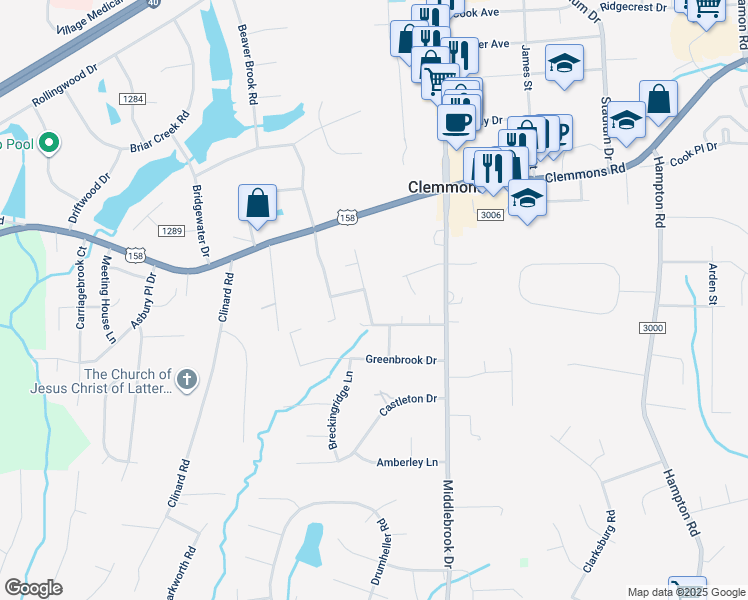 map of restaurants, bars, coffee shops, grocery stores, and more near 2885 Gray Moss Drive in Clemmons