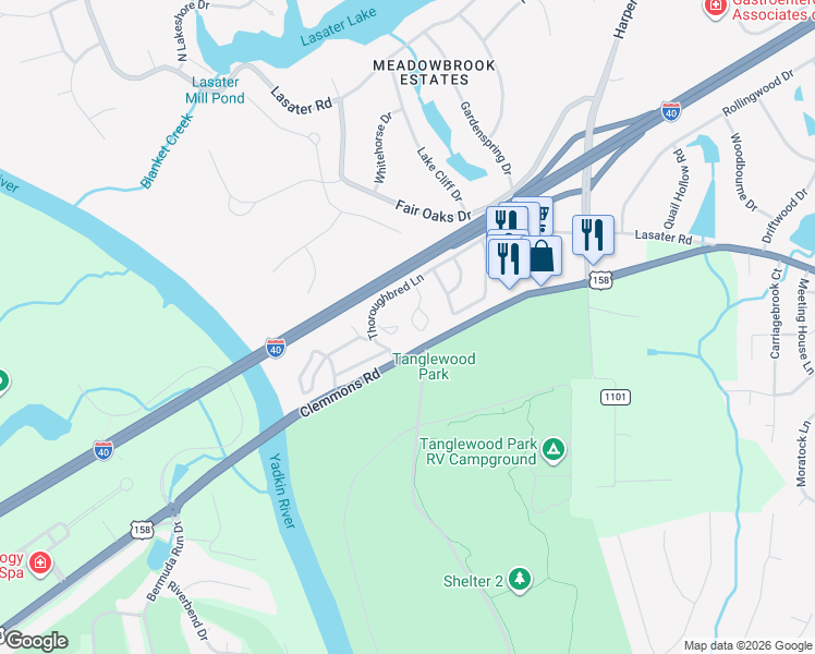 map of restaurants, bars, coffee shops, grocery stores, and more near 4020 Whirlaway Court in Clemmons