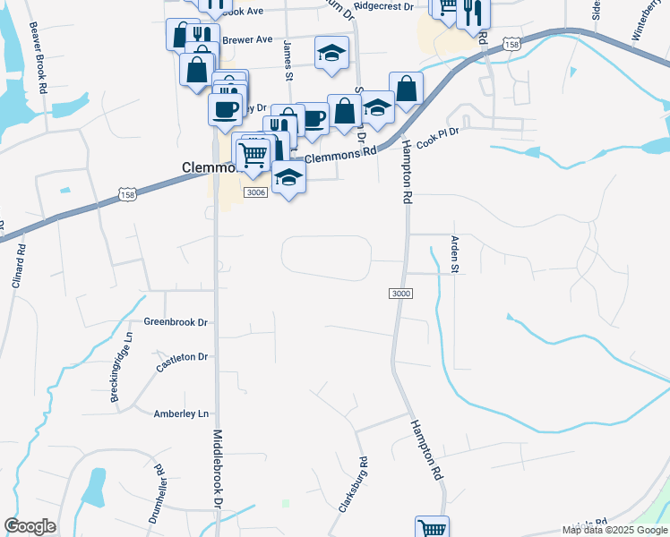 map of restaurants, bars, coffee shops, grocery stores, and more near 6360 Arden Circle in Clemmons