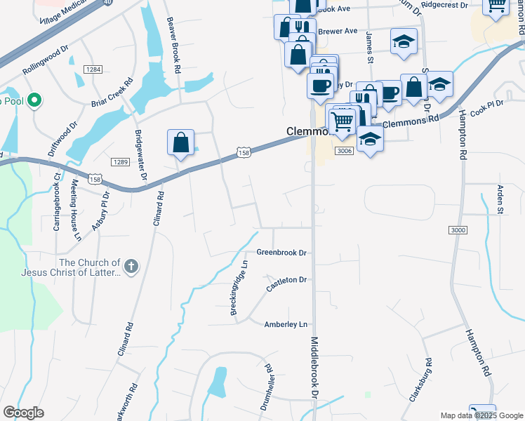 map of restaurants, bars, coffee shops, grocery stores, and more near 2885 Gray Moss Drive in Clemmons