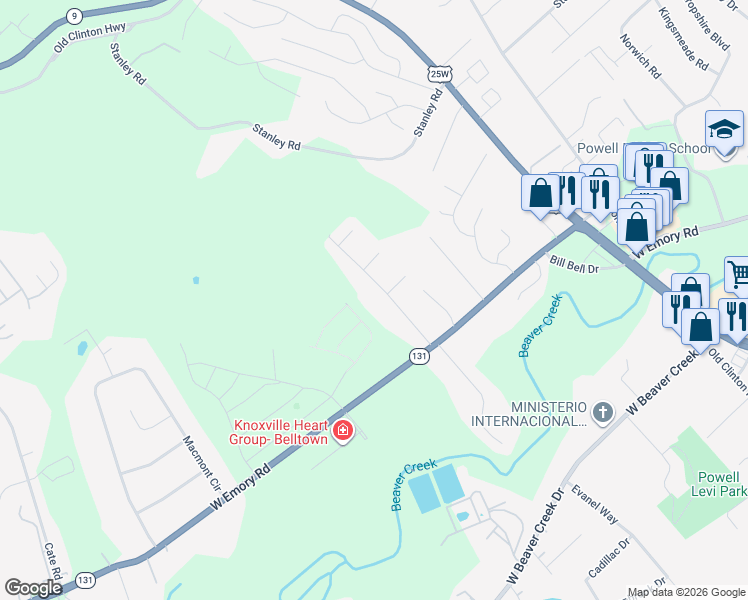 map of restaurants, bars, coffee shops, grocery stores, and more near 7705 Rio Grande Drive in Powell