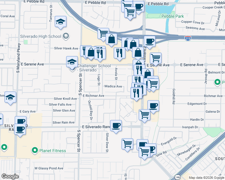 map of restaurants, bars, coffee shops, grocery stores, and more near 2073 Madica Avenue in Las Vegas