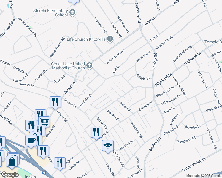map of restaurants, bars, coffee shops, grocery stores, and more near 4986 Grigsby Gate Way in Knoxville