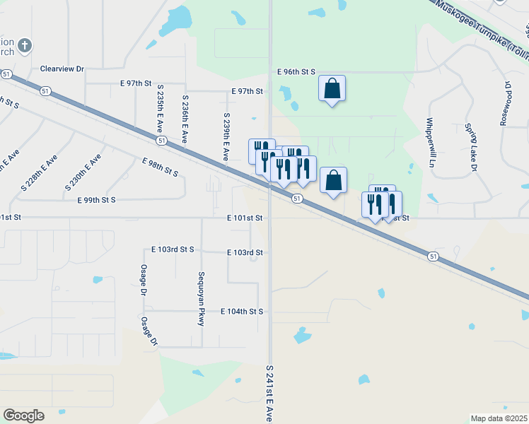 map of restaurants, bars, coffee shops, grocery stores, and more near 9930 South 241st East Avenue in Broken Arrow