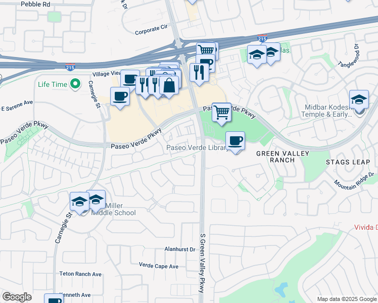 map of restaurants, bars, coffee shops, grocery stores, and more near 251 South Green Valley Parkway in Henderson