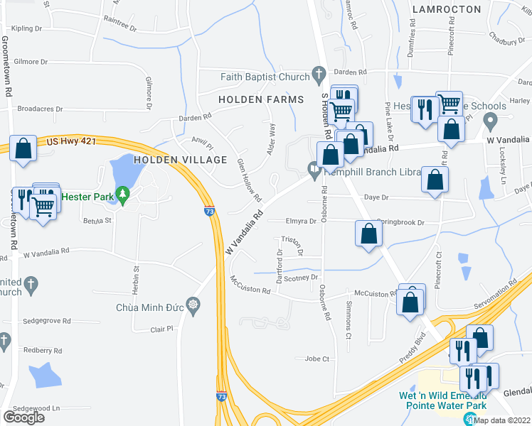 map of restaurants, bars, coffee shops, grocery stores, and more near 2405 West Vandalia Road in Greensboro