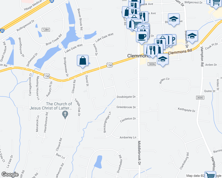 map of restaurants, bars, coffee shops, grocery stores, and more near 6810 Gray Moss Court in Clemmons