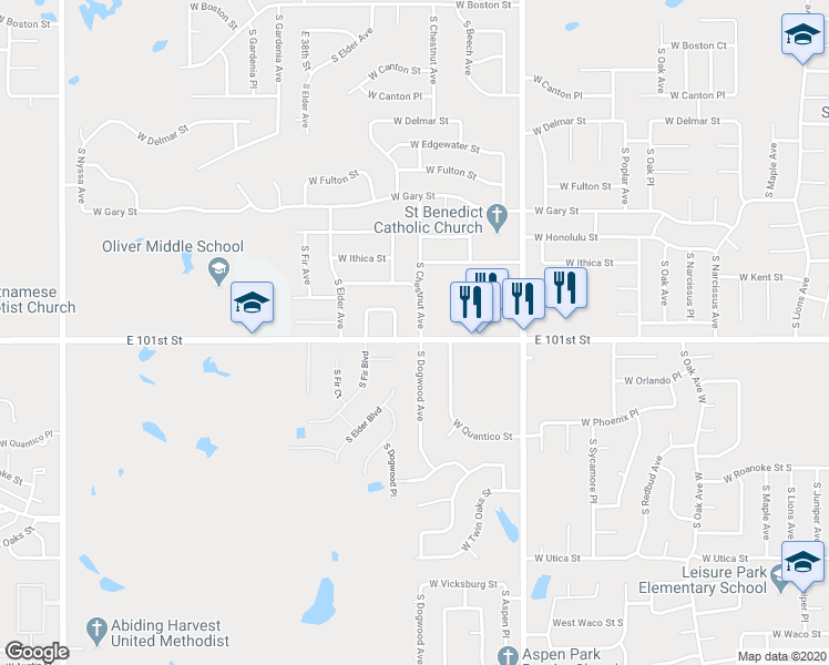 map of restaurants, bars, coffee shops, grocery stores, and more near 3510 South Chestnut Avenue in Broken Arrow