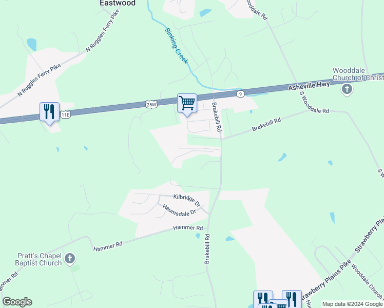 map of restaurants, bars, coffee shops, grocery stores, and more near 7372 Smoky Falls Way in Knoxville