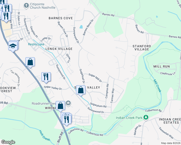 map of restaurants, bars, coffee shops, grocery stores, and more near 660 Sugar Mill Drive in Nashville