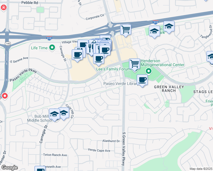 map of restaurants, bars, coffee shops, grocery stores, and more near 251 South Green Valley Parkway in Henderson