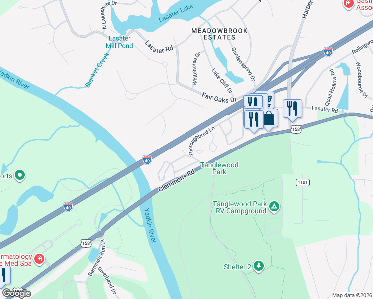 map of restaurants, bars, coffee shops, grocery stores, and more near 5000 Thoroughbred Lane in Clemmons