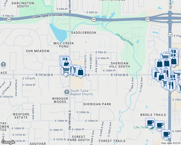 map of restaurants, bars, coffee shops, grocery stores, and more near 10028 South 68th East Avenue in Tulsa