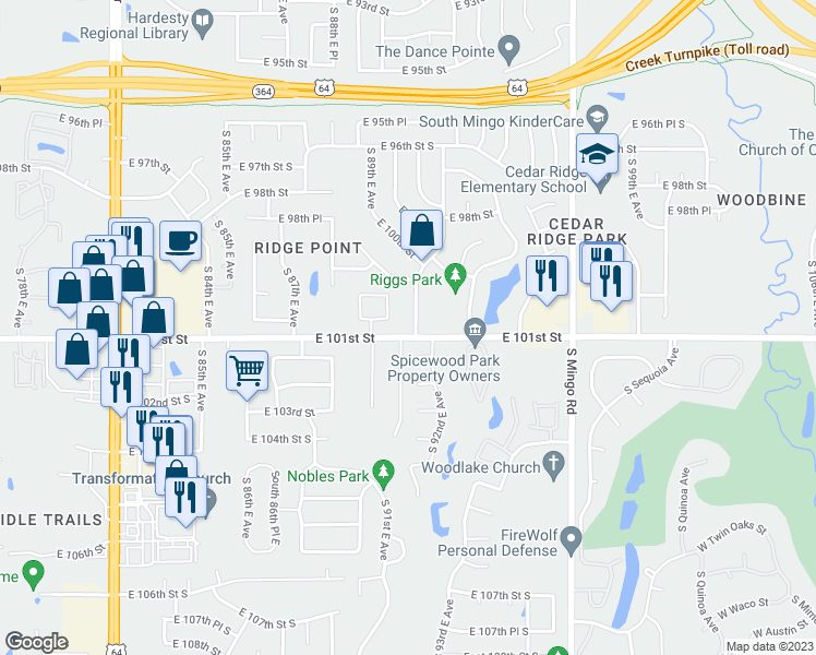 map of restaurants, bars, coffee shops, grocery stores, and more near 10930 South 91st East Avenue in Tulsa