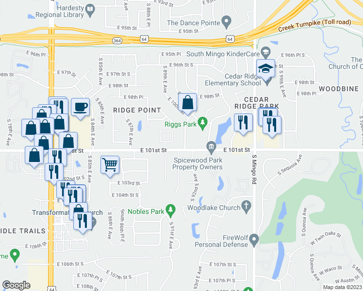 map of restaurants, bars, coffee shops, grocery stores, and more near 10620 South 91st East Avenue in Tulsa