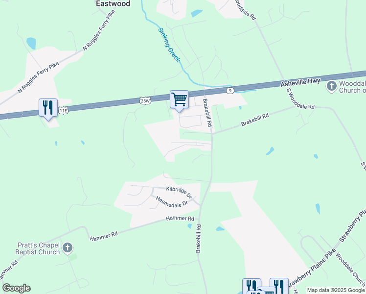 map of restaurants, bars, coffee shops, grocery stores, and more near 7400 Smoky Falls Way in Knoxville