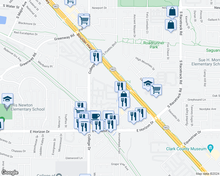 map of restaurants, bars, coffee shops, grocery stores, and more near 520 Arrowhead Trail in Henderson