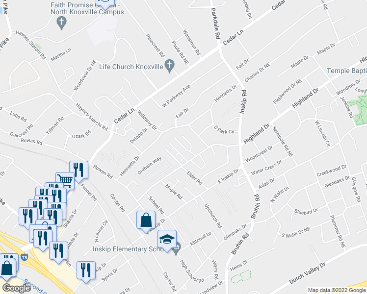 map of restaurants, bars, coffee shops, grocery stores, and more near 4902 White Petal Way, in Knoxville