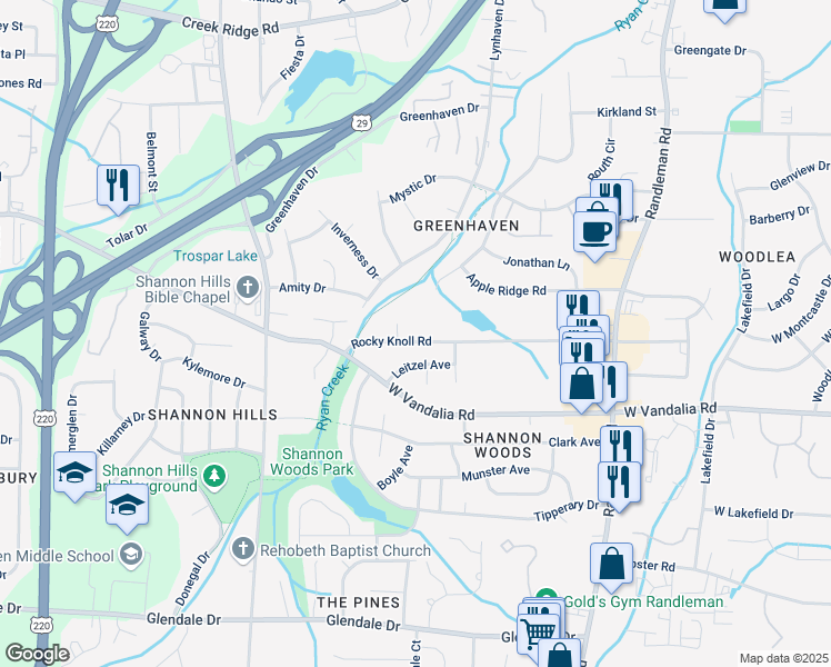 map of restaurants, bars, coffee shops, grocery stores, and more near 514 Rocky Knoll Road in Greensboro