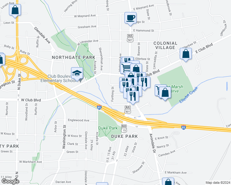 map of restaurants, bars, coffee shops, grocery stores, and more near 103 Saint Paul Street in Durham
