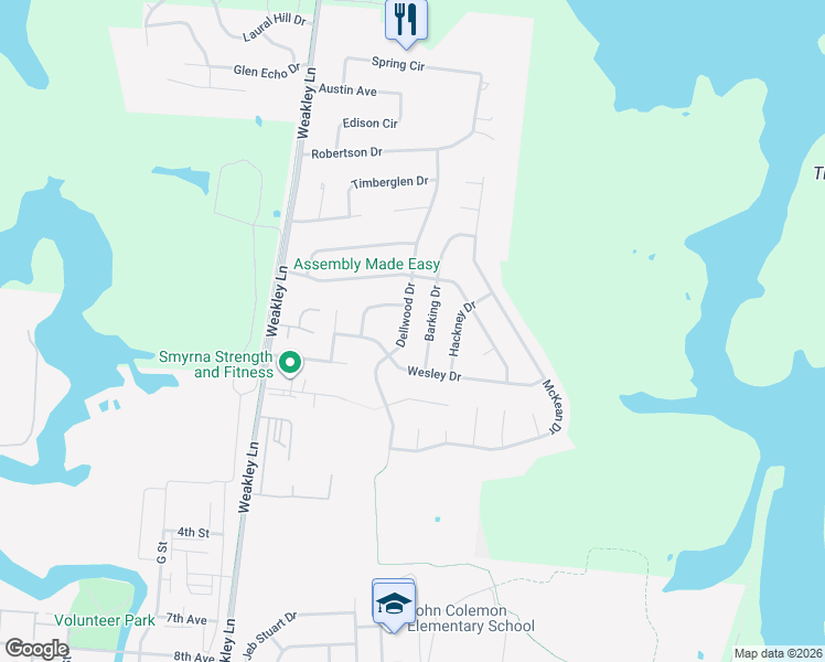 map of restaurants, bars, coffee shops, grocery stores, and more near 604 Dellwood Drive in Smyrna
