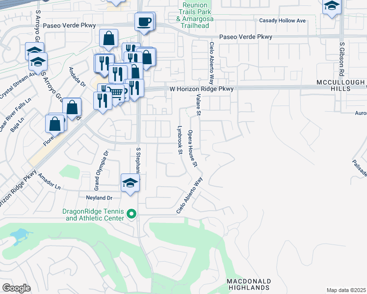 map of restaurants, bars, coffee shops, grocery stores, and more near 219 Lynbrook Street in Henderson