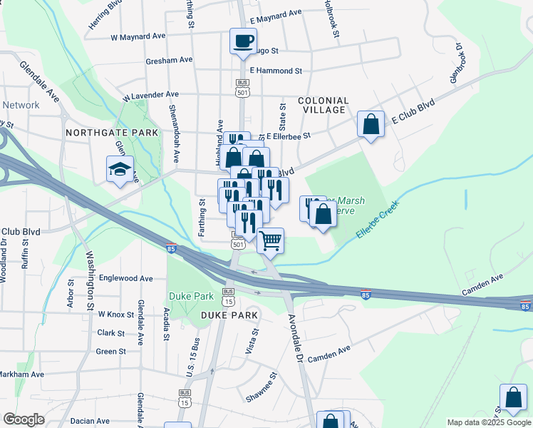 map of restaurants, bars, coffee shops, grocery stores, and more near 2000 Avondale Drive in Durham